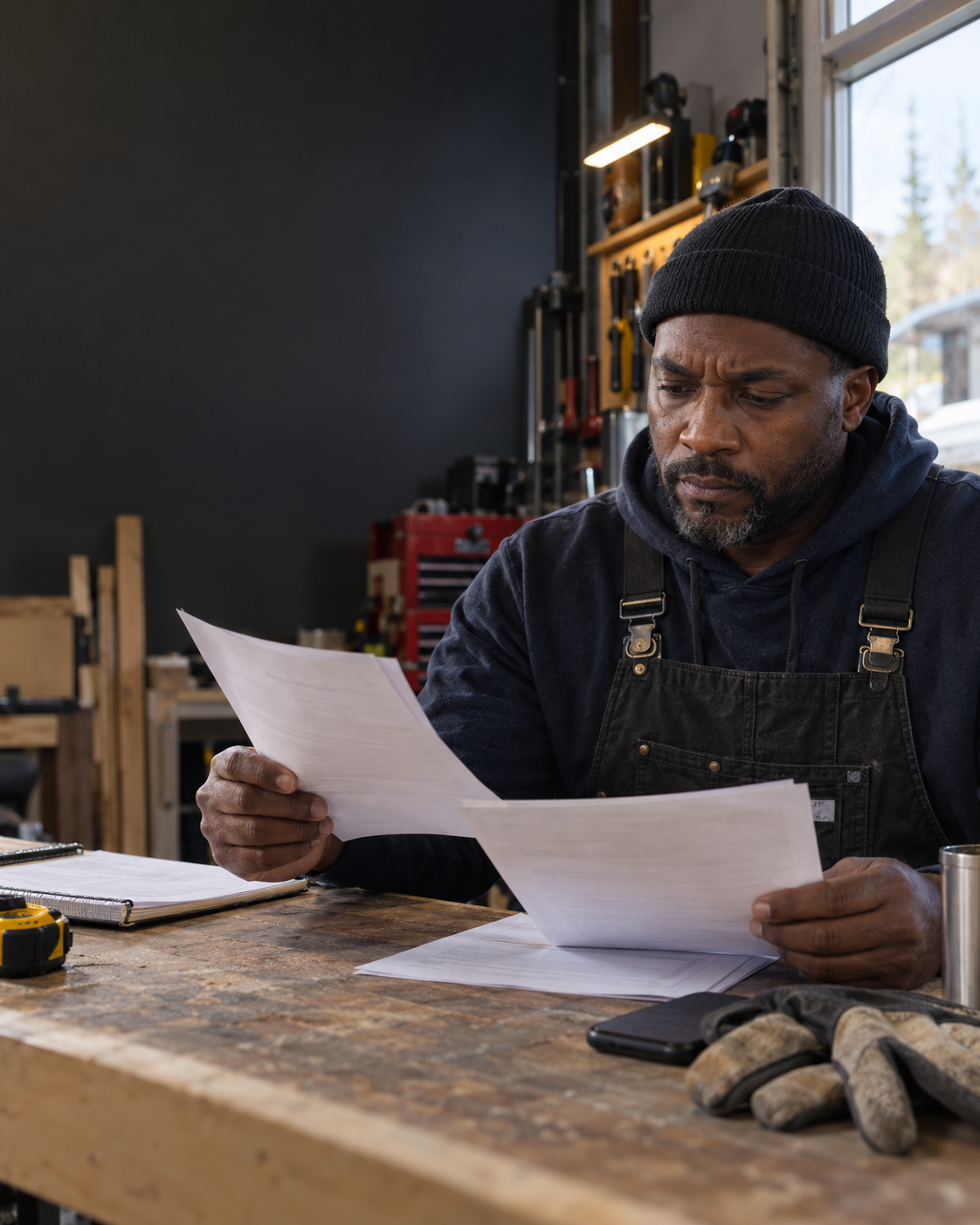 A small-business contractor reviewing contracts and invoices in his workshop